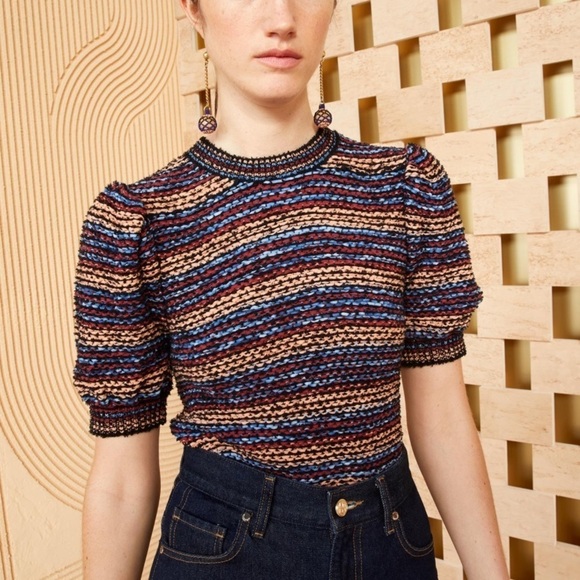 Ulla Johnson-SET Multicolored Stripe Shortsleeve Top and Matching Fringe Skirt - Picture 1 of 12